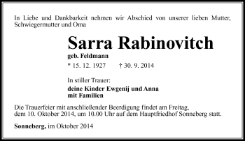 Traueranzeige von Sarra Rabinovitch von Südthüringer Presse