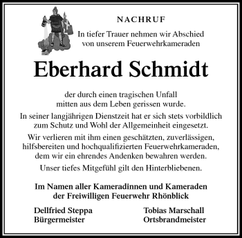 Traueranzeige von Eberhard Schmidt von Südthüringer Presse