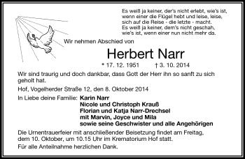 Traueranzeige von Herbert Narr von Frankenpost