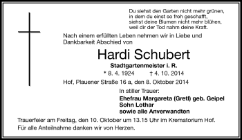 Traueranzeige von Hardi Schubert von Frankenpost