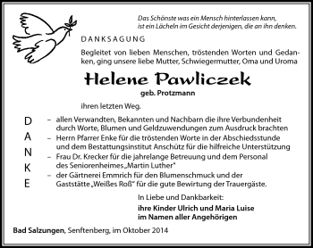 Traueranzeige von Helene Pawliczek von Südthüringer Presse