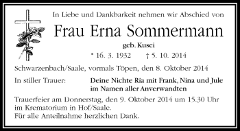 Traueranzeige von Erna Sommermann von Frankenpost