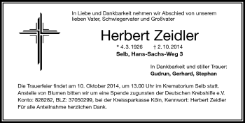 Traueranzeige von Herbert Zeidler von Frankenpost
