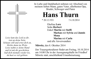 Traueranzeige von Hans Thurn von Neue Presse Coburg