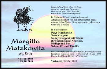 Traueranzeige von Margitta Matzkowitz von Südthüringer Presse