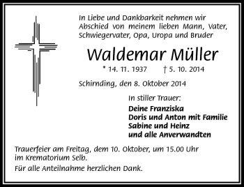 Traueranzeige von Waldemar Müller von Frankenpost