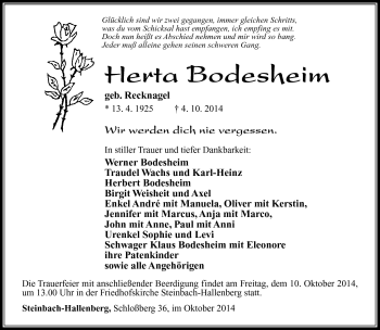 Traueranzeige von Herta Bodesheim von Südthüringer Presse