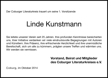 Traueranzeige von Linde Kunstmann von Neue Presse Coburg