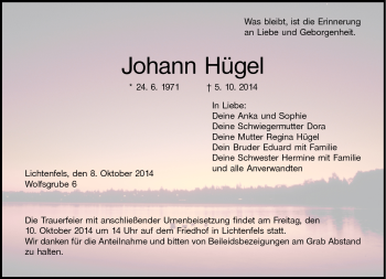 Traueranzeige von Johann Hügel von Neue Presse Coburg