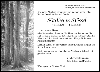 Traueranzeige von Karlheinz Hössel von Südthüringer Presse