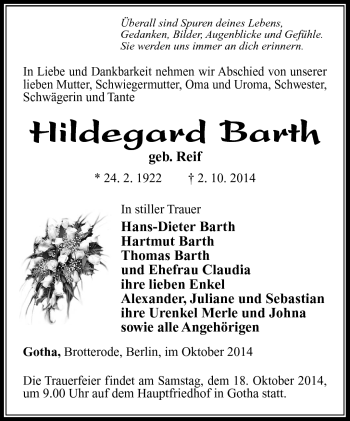 Traueranzeige von Hildegard Barth von Südthüringer Presse