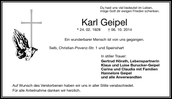 Traueranzeige von Karl Geipel von Frankenpost
