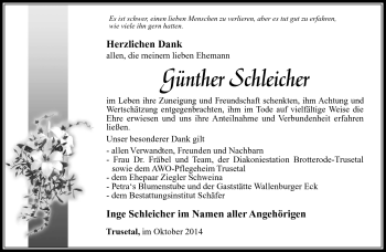 Traueranzeige von Günther Schleicher von Südthüringer Presse