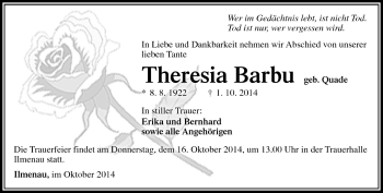 Traueranzeige von Theresia Barbu von Südthüringer Presse