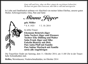 Traueranzeige von Minna Jäger von Südthüringer Presse