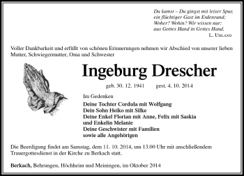 Traueranzeige von Ingeburg Drescher von Südthüringer Presse