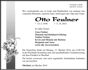 Traueranzeige von Otto Feulner von Südthüringer Presse