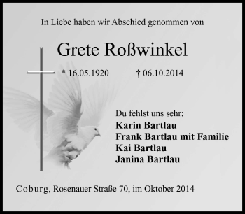 Traueranzeige von Grete Roßwinkel von Neue Presse Coburg