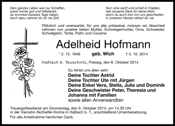 Traueranzeige von Adelheid Hofmann von Neue Presse Coburg