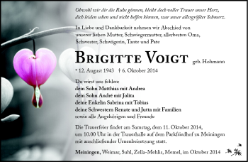 Traueranzeige von Brigitte Voigt von Südthüringer Presse