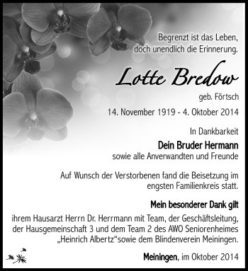 Traueranzeige von Lina Bredow von Südthüringer Presse