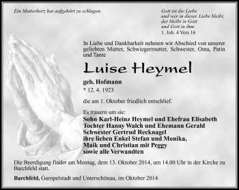 Traueranzeige von Luise Heymel von Südthüringer Presse
