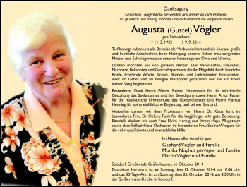 Traueranzeige von Augusta Vögler von Südthüringer Presse