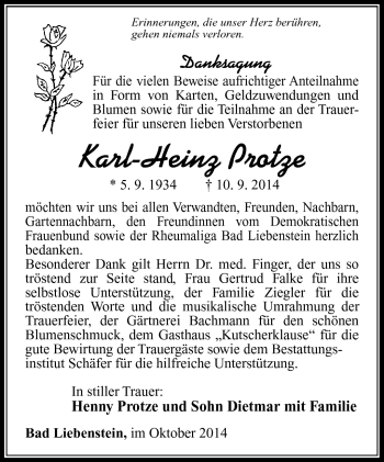Traueranzeige von Karl-Heinz Protze von Südthüringer Presse