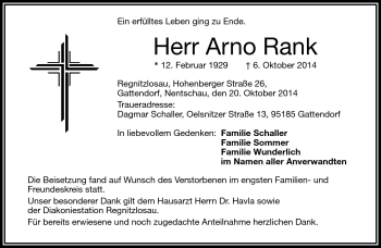 Traueranzeige von Arno Rank von Frankenpost