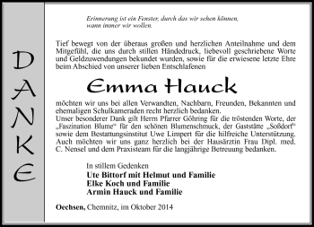 Traueranzeige von Emma Hauck von Südthüringer Presse