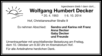 Traueranzeige von Wolfgang Humbert Decker von Frankenpost