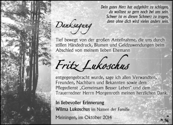 Traueranzeige von Fritz lukoschus von Südthüringer Presse
