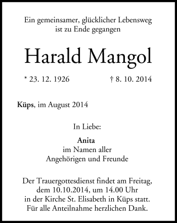 Traueranzeige von Harald Mangol von Neue Presse Coburg