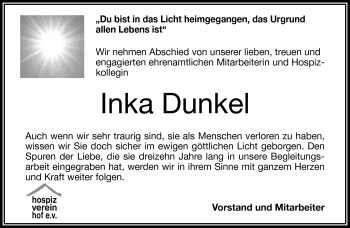 Traueranzeige von Inka Dunkel von Frankenpost