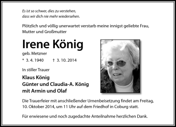 Traueranzeige von Irene König von Neue Presse Coburg