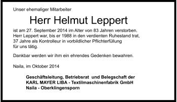 Traueranzeige von Helmut Leppert von Frankenpost