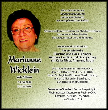 Traueranzeige von Marianne Wicklein von Südthüringer Presse