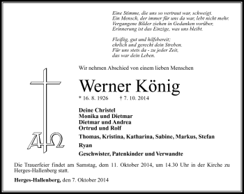 Traueranzeige von Werner König von Südthüringer Presse