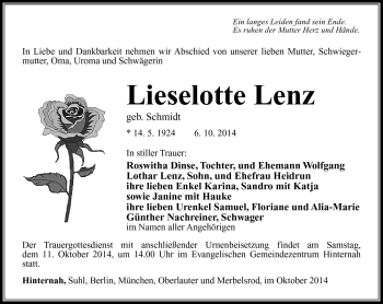 Traueranzeige von Lieselotte Lenz von Südthüringer Presse