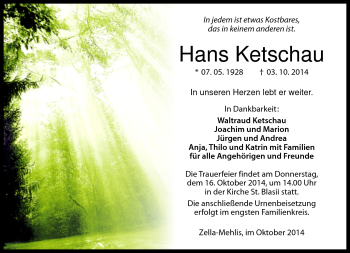 Traueranzeige von Hans Ketschau von Südthüringer Presse