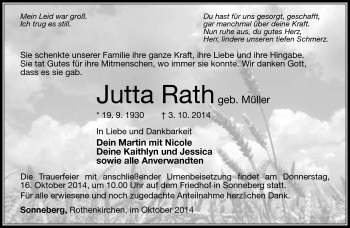 Traueranzeige von Jutta Rath von Südthüringer Presse