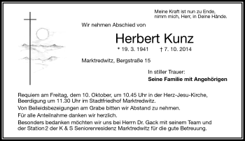 Traueranzeige von Herbert Kunz von Frankenpost