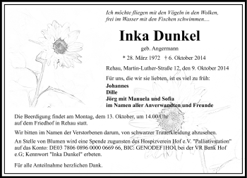 Traueranzeige von Inka Dunkel von Frankenpost