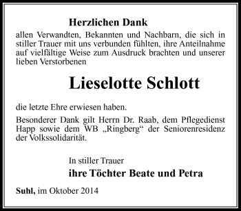 Traueranzeige von Lieselotte Schlott von Südthüringer Presse
