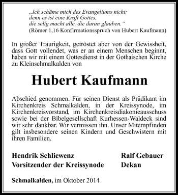 Traueranzeige von Hubert Kaufmann von Südthüringer Presse