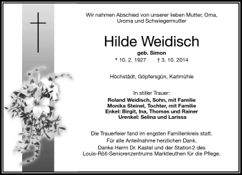 Traueranzeige von Hilde Weidisch von Frankenpost