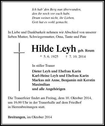 Traueranzeige von Hilde Leyh von Südthüringer Presse