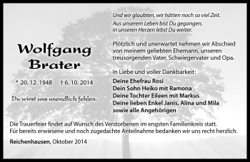 Traueranzeige von Wolfgang Brater von Südthüringer Presse