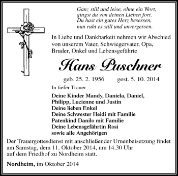 Traueranzeige von Hans Puschner von Südthüringer Presse