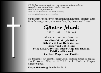 Traueranzeige von Günter Munk von Südthüringer Presse